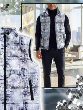 Disco Ball Mosaic Puffer Vest in Gray/White